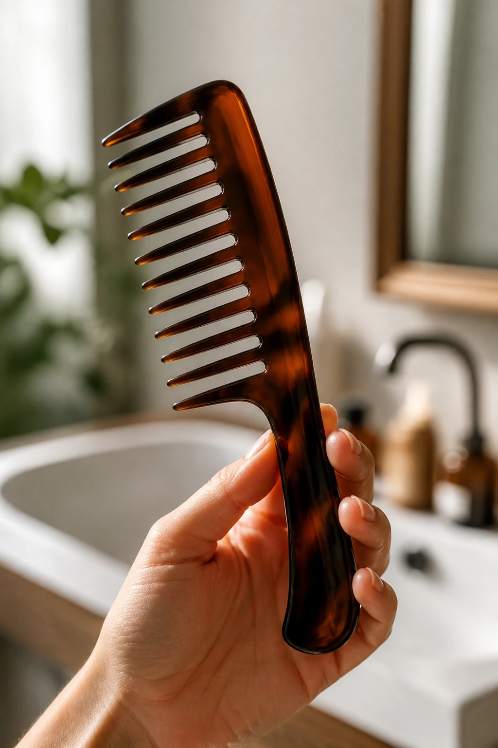Wide-tooth comb in a bathroom setting as essential styling tool