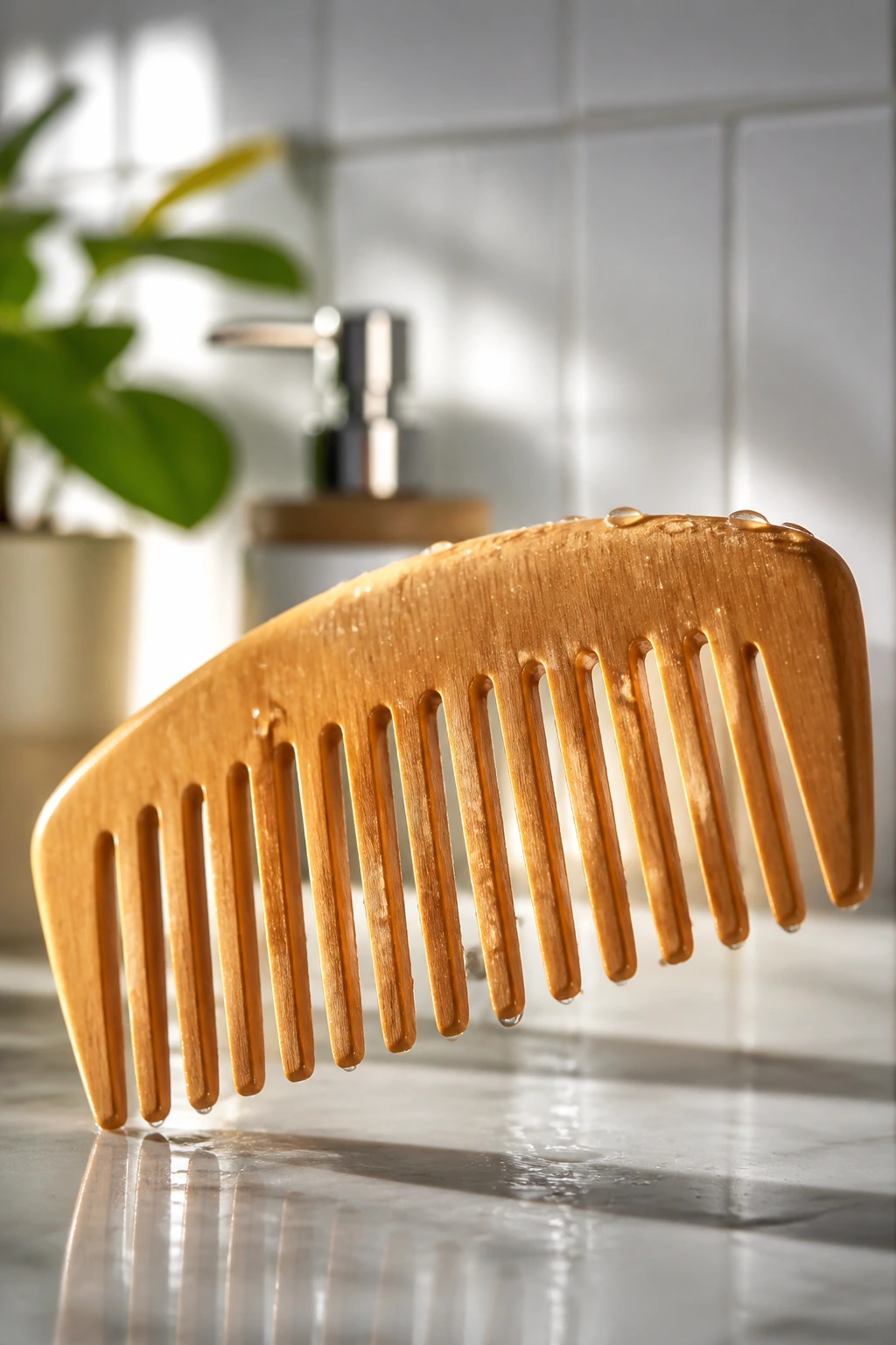 Close-up of a wooden wide-tooth comb on a bathroom counter