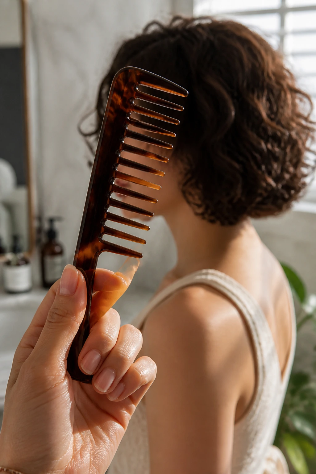 Hand holding wide-tooth comb with curly bob in background