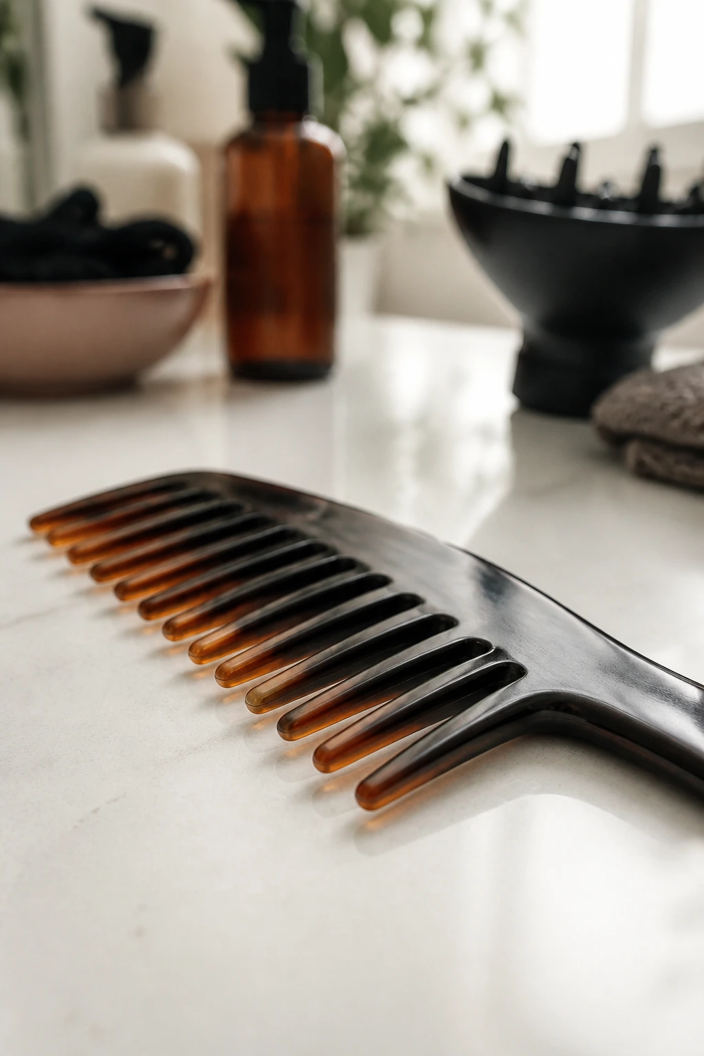Macro close-up of a wide-tooth comb for detangling curls.
