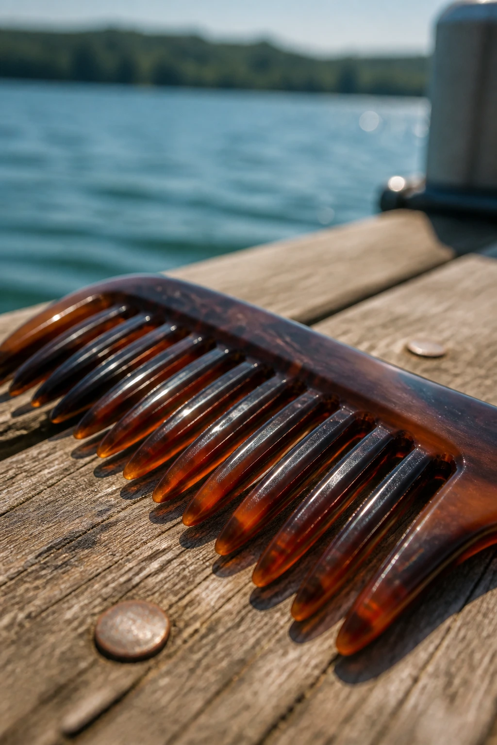 Wide-tooth comb on weathered dock with lake background.