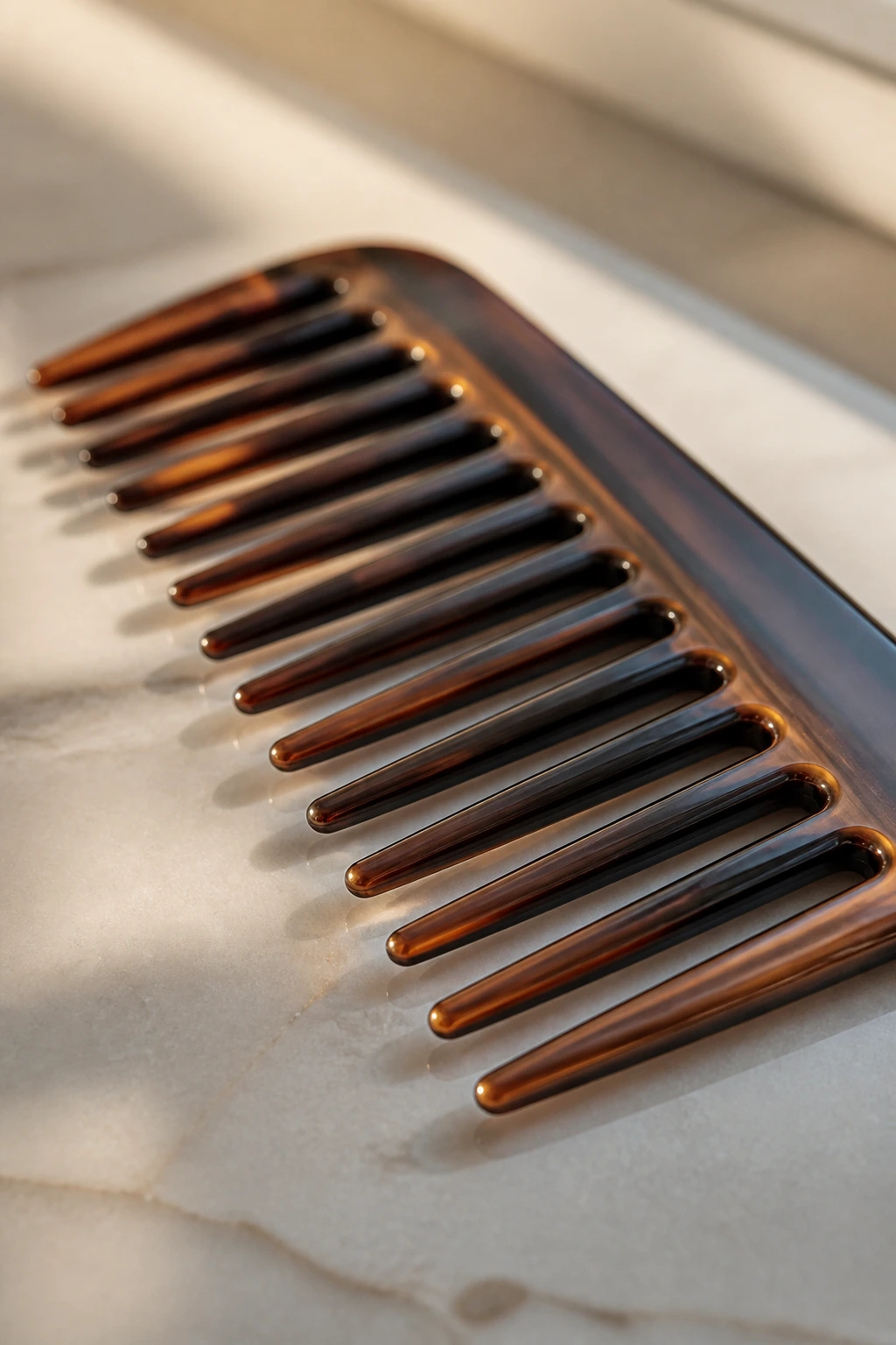 Close-up of a wide-tooth comb for detangling highlighted hair on a bathroom counter