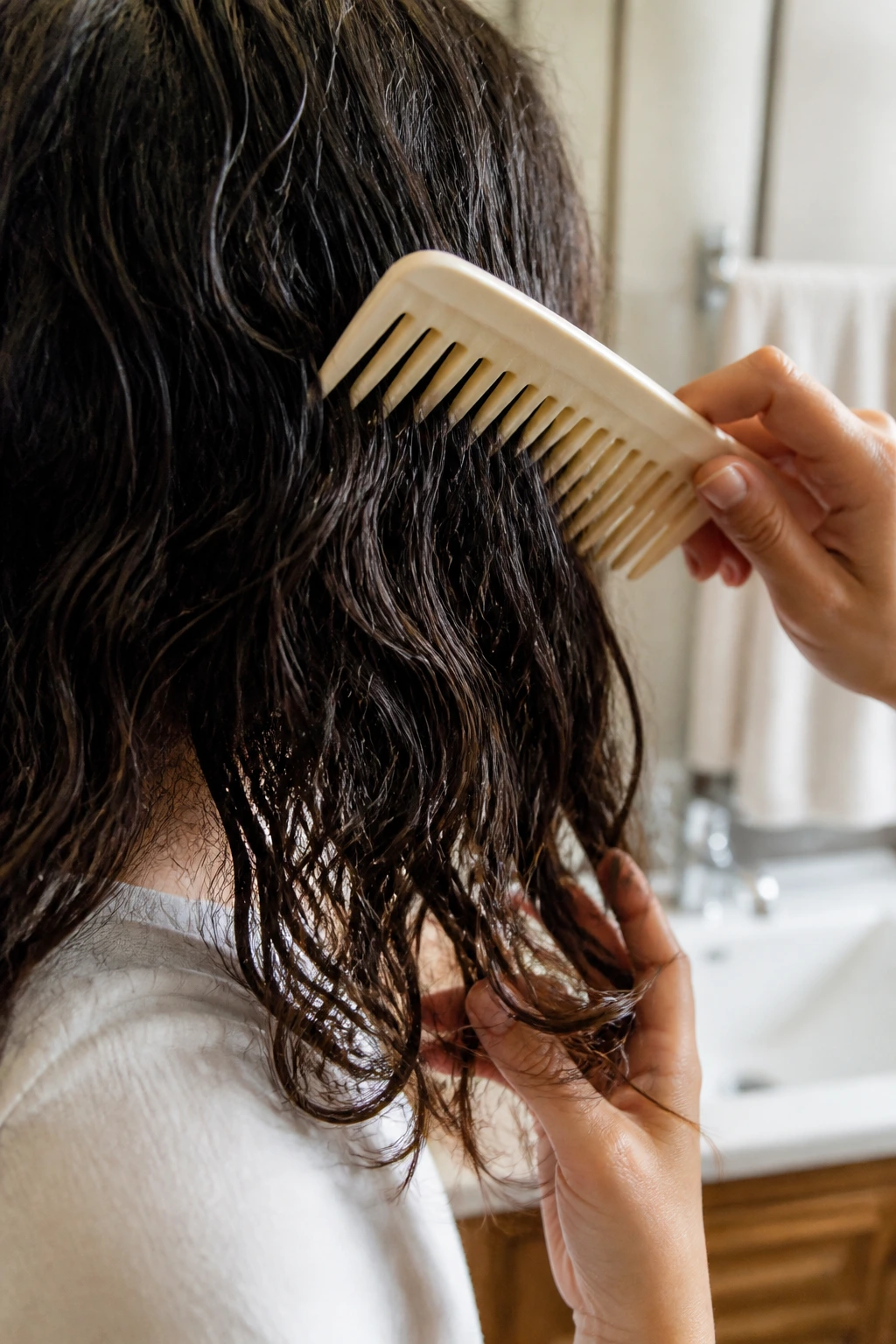 Close-up of a wide-tooth comb detangling thick, wavy hair in a bathroom