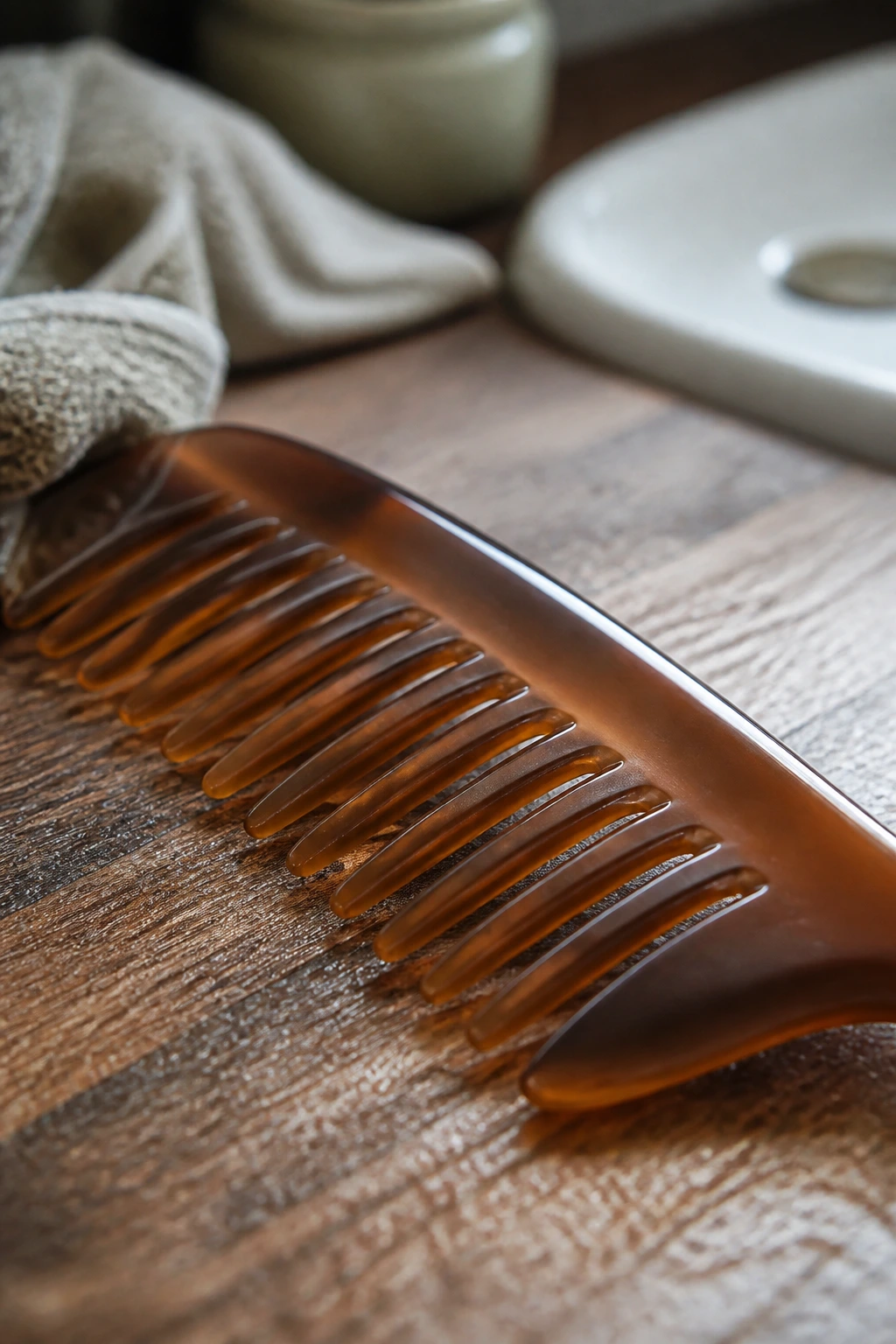 Close-up of a wide-tooth comb on a wooden surface, prepared for detangling long curly hair