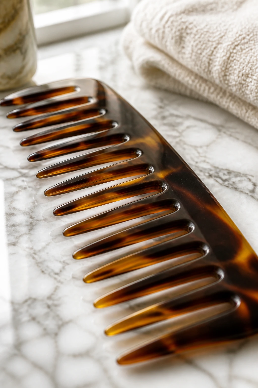 Close-up of a wide-tooth comb on a bathroom vanity for detangling curls