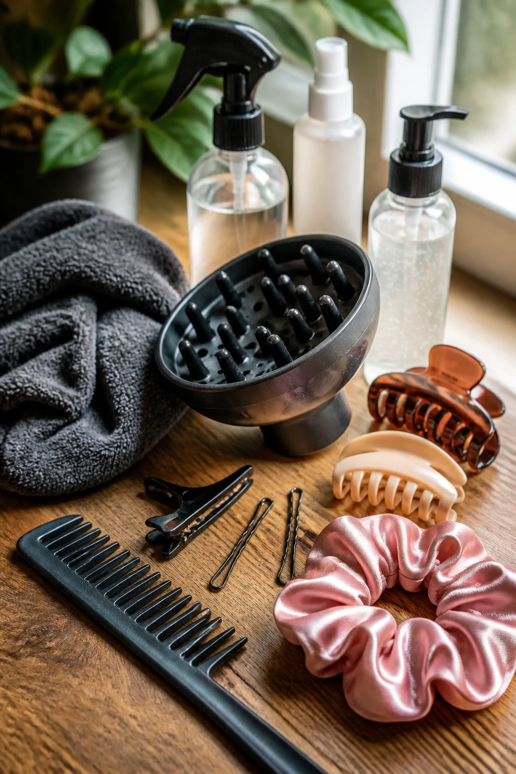 Still-life of essential hair tools on a wooden surface