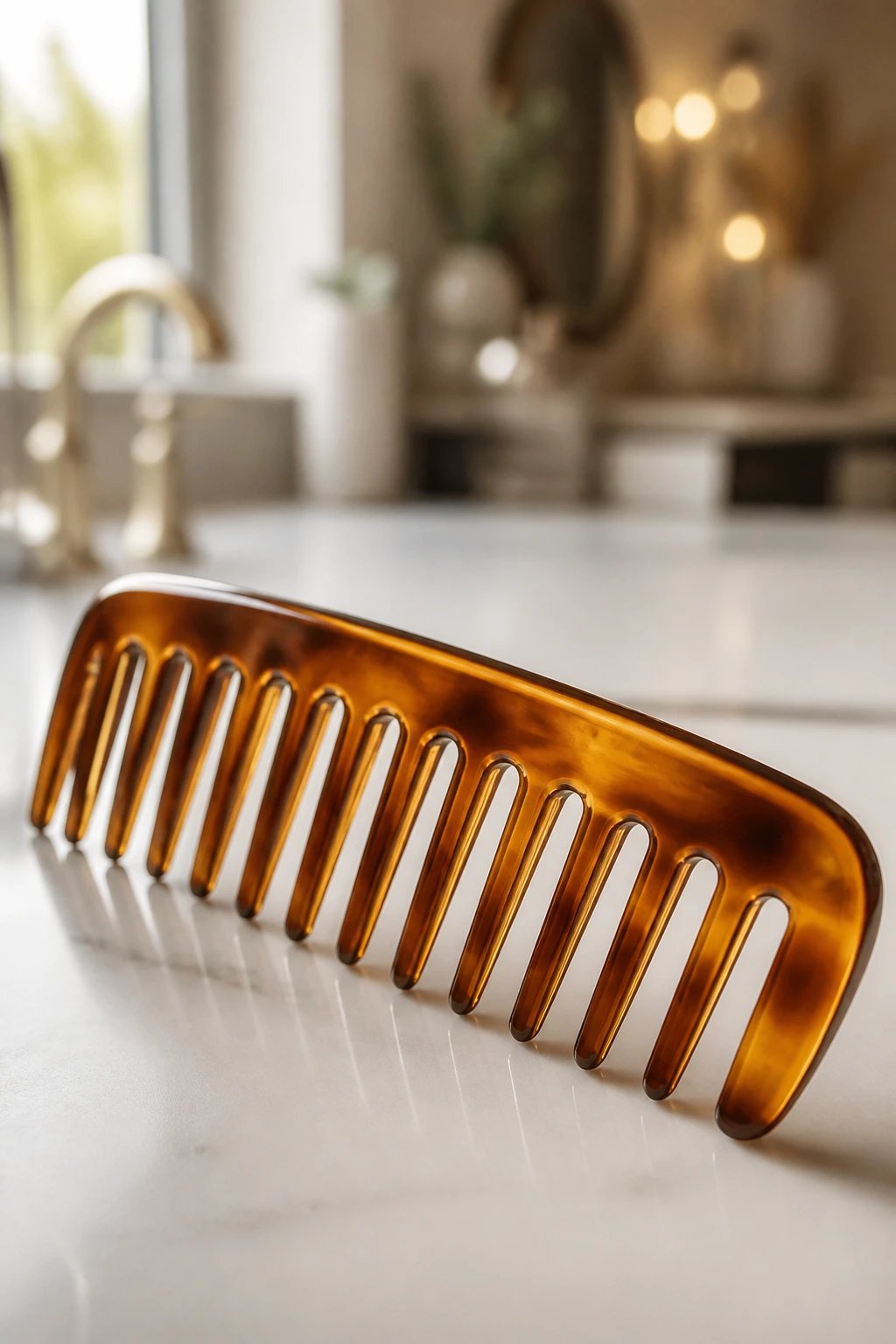 Close-up of a wide-tooth comb on a clean surface