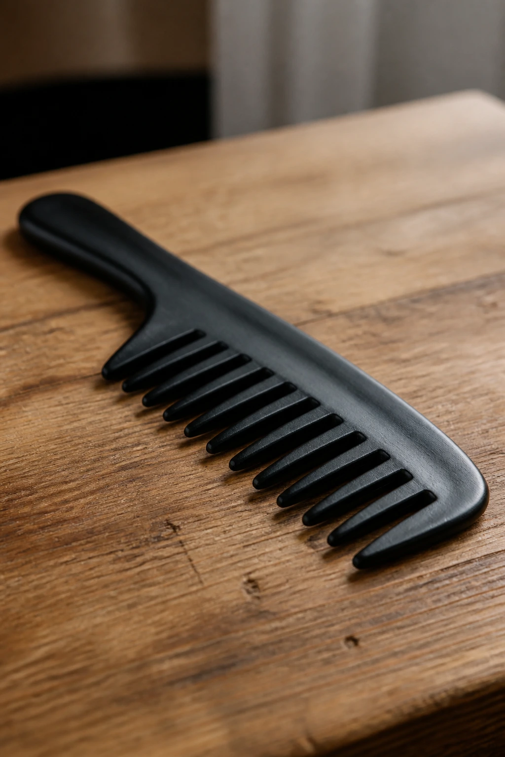 Wide-tooth comb on a wooden surface under natural light.