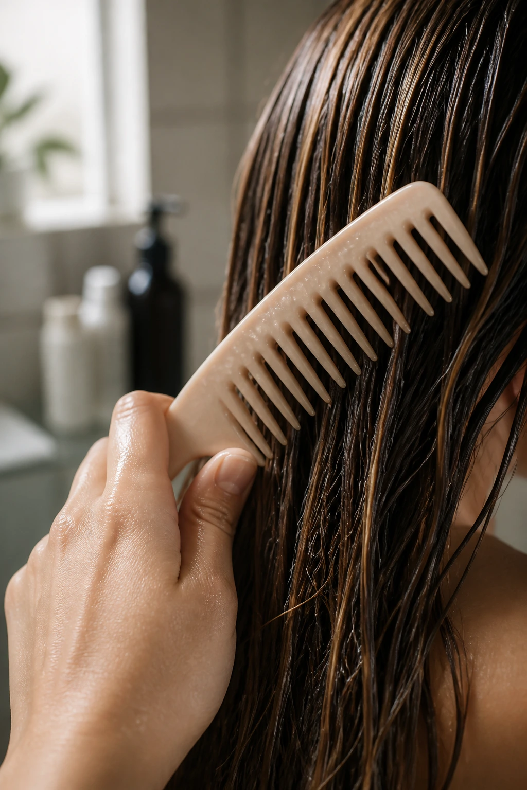 Close-up of a wide-tooth comb through damp hair in a bathroom