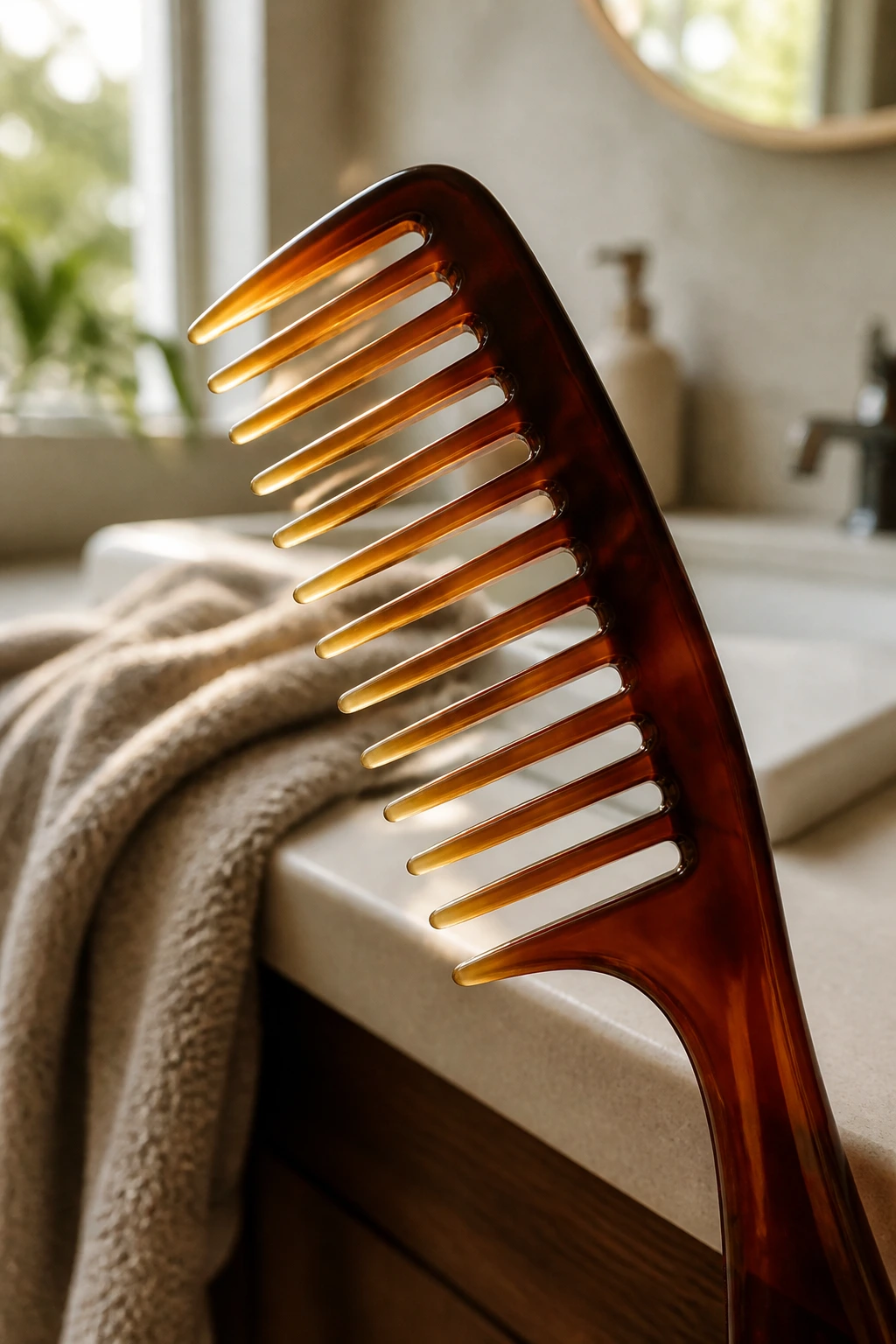 Close-up of a wide-tooth comb dominating the frame in a bathroom