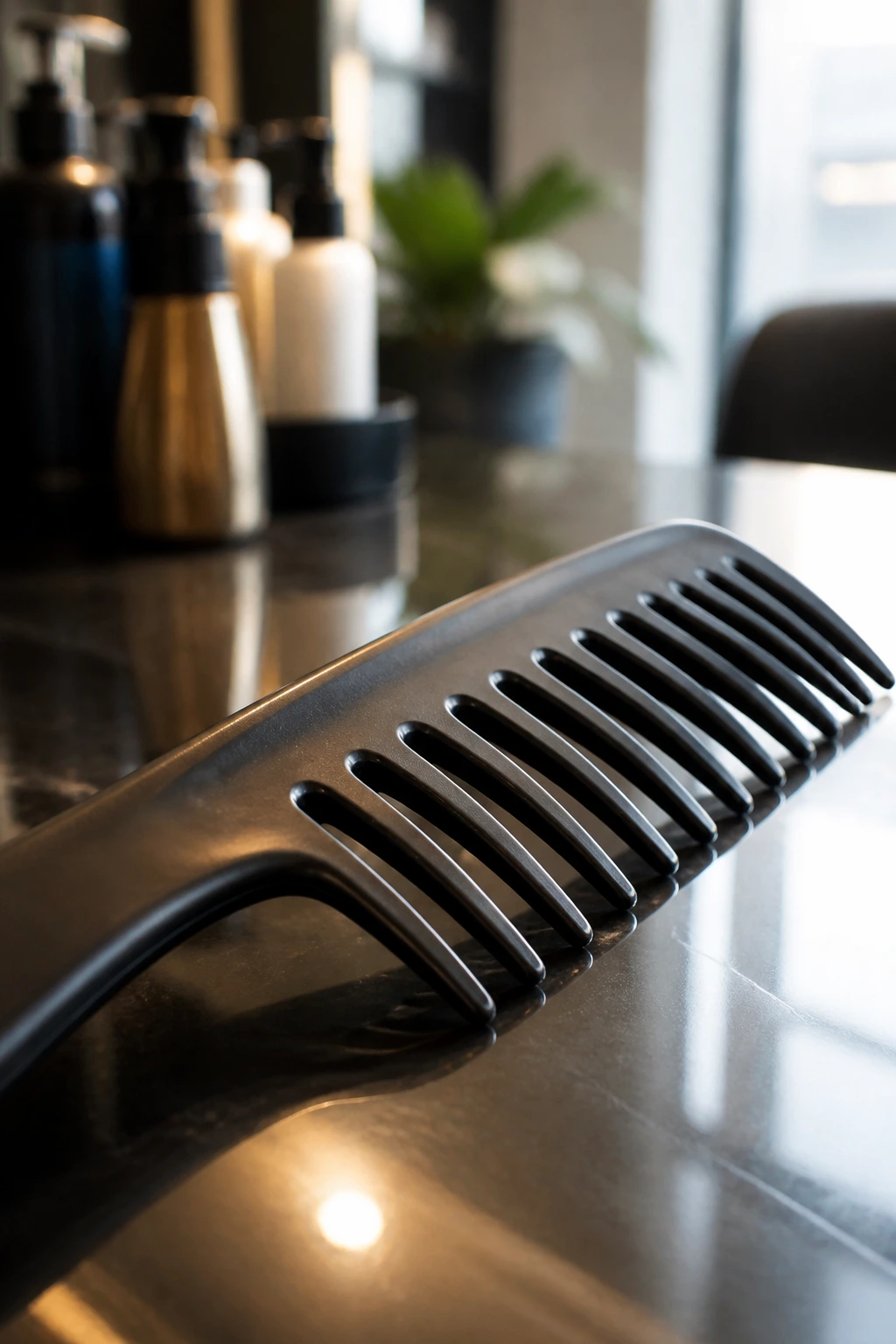 Close-up of a wide-tooth comb on a salon counter