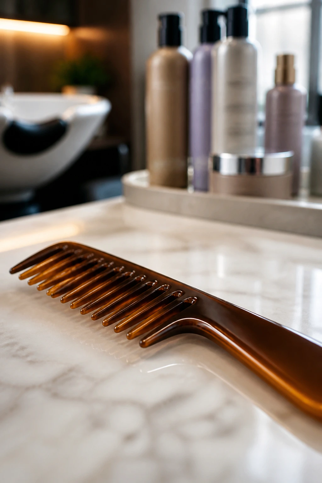 Close-up of a wide-tooth comb on a salon counter representing essential tools for caramel blonde brown highlights