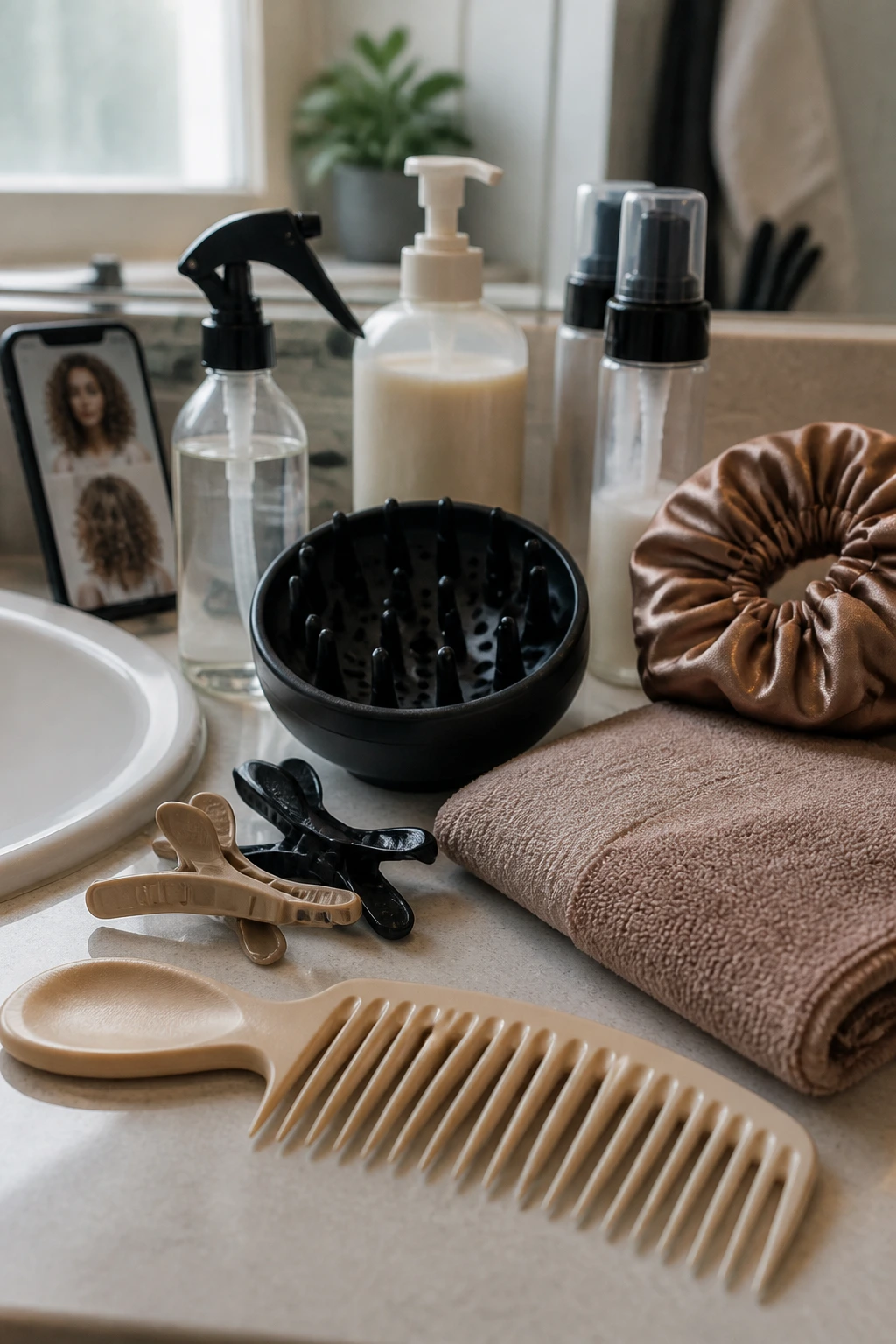 Wide-tooth comb and hair tools on bathroom counter for cut day and wash day