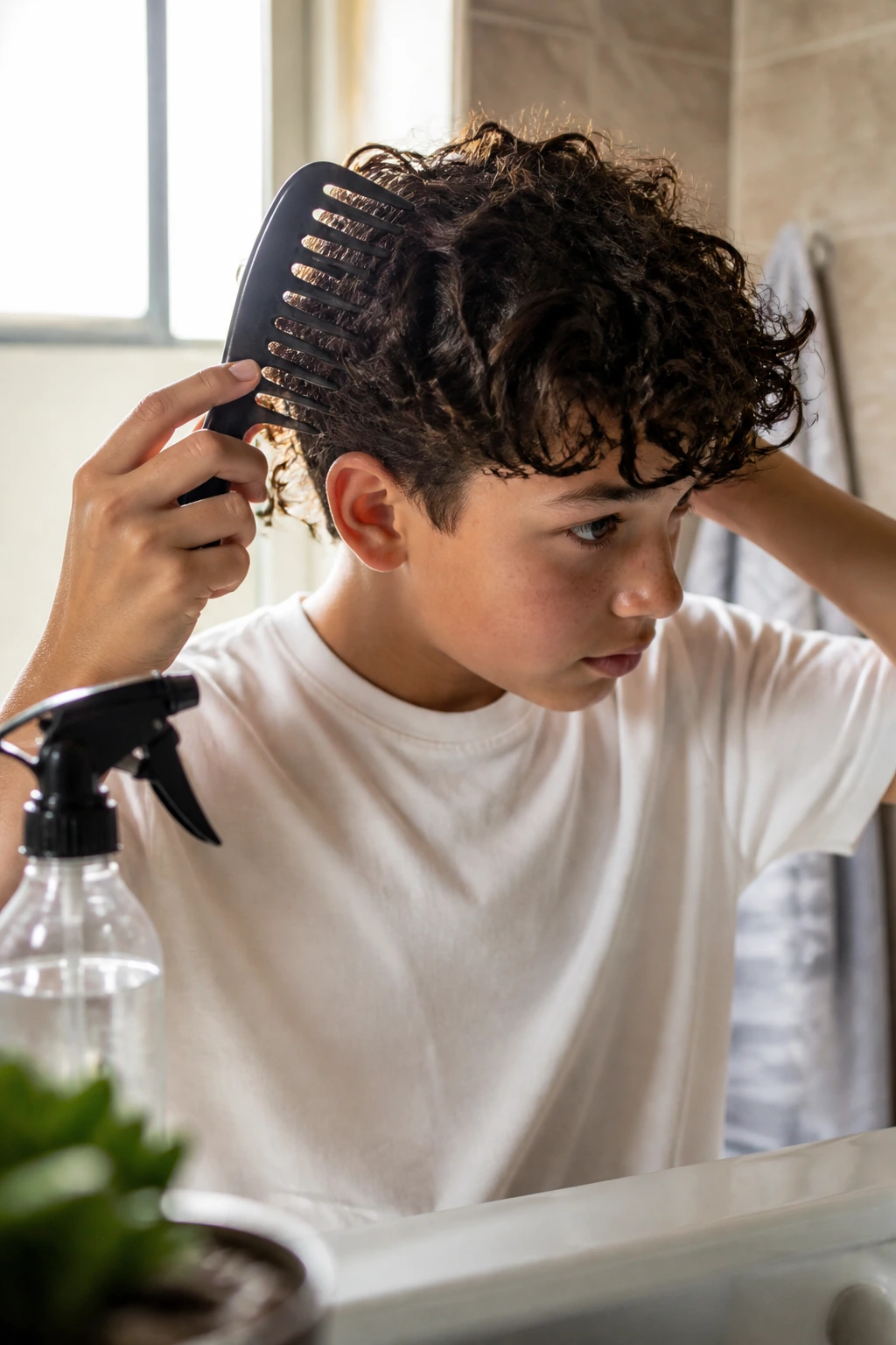 Close-up of a boy using a wide-tooth comb and spray bottle on damp curls at home.
