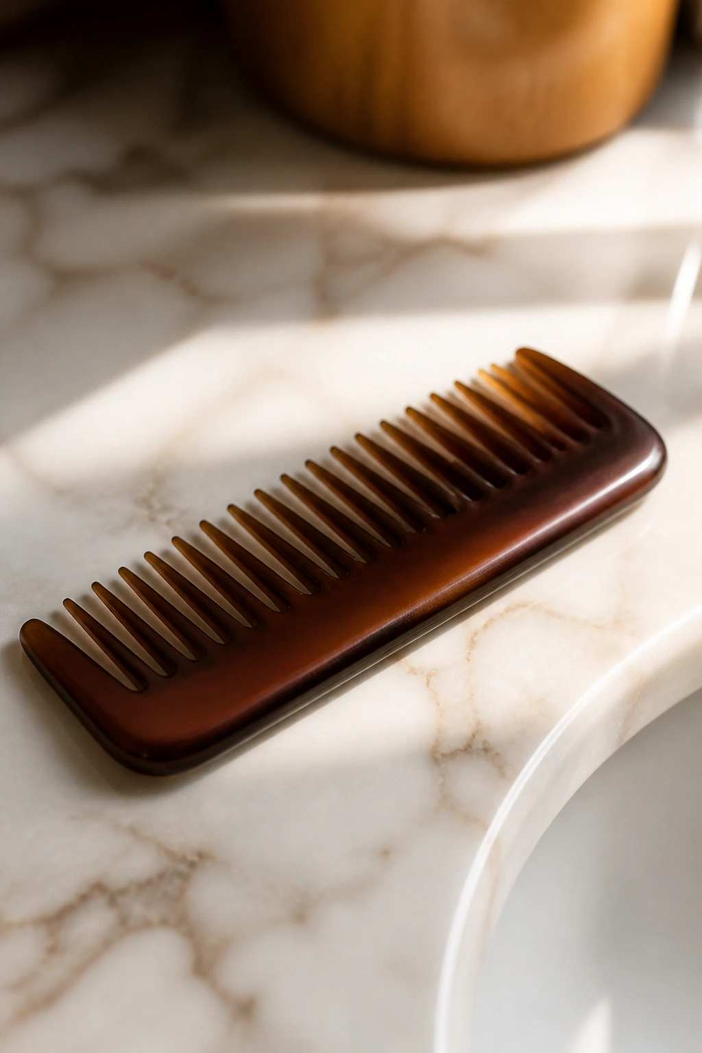 Close-up of a wide-tooth comb used for styling at home