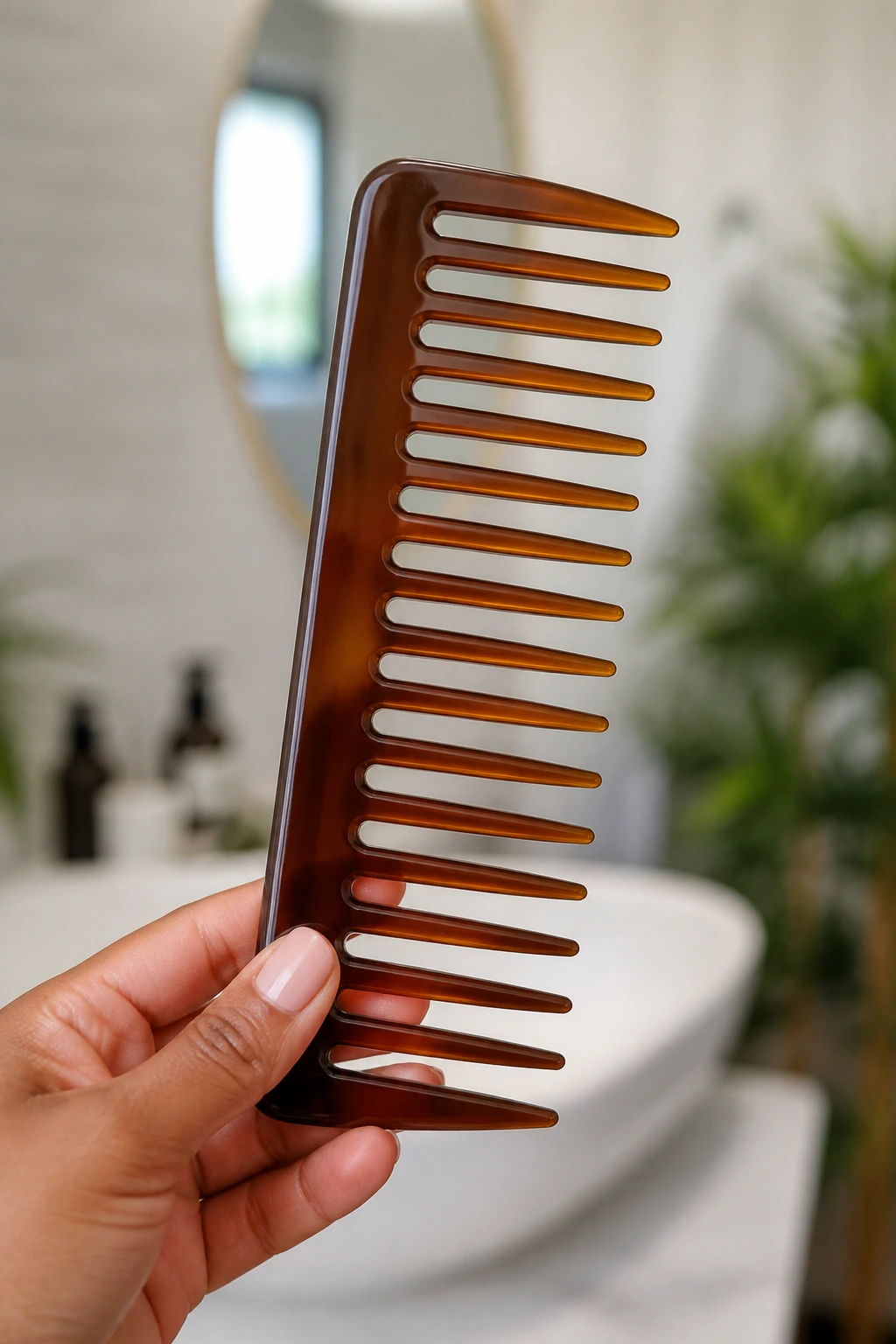 Close-up of a wide-tooth comb held in hand with a blurred bathroom background.