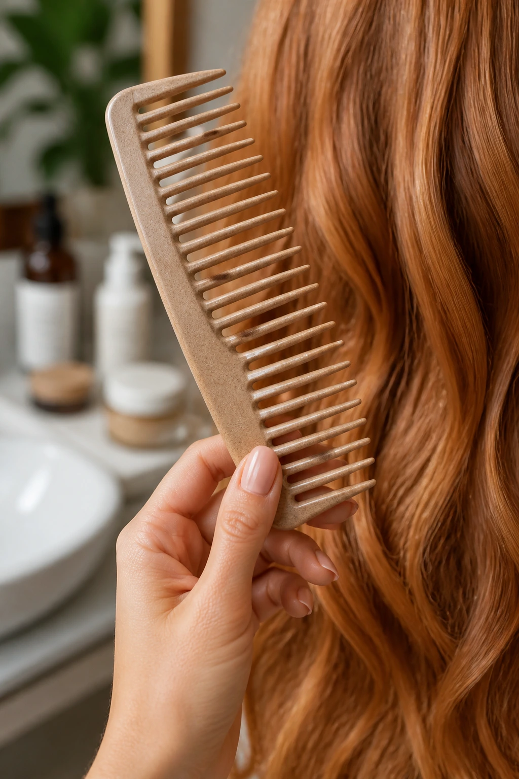 Close up of a wide-tooth comb with copper-toned hair in the background