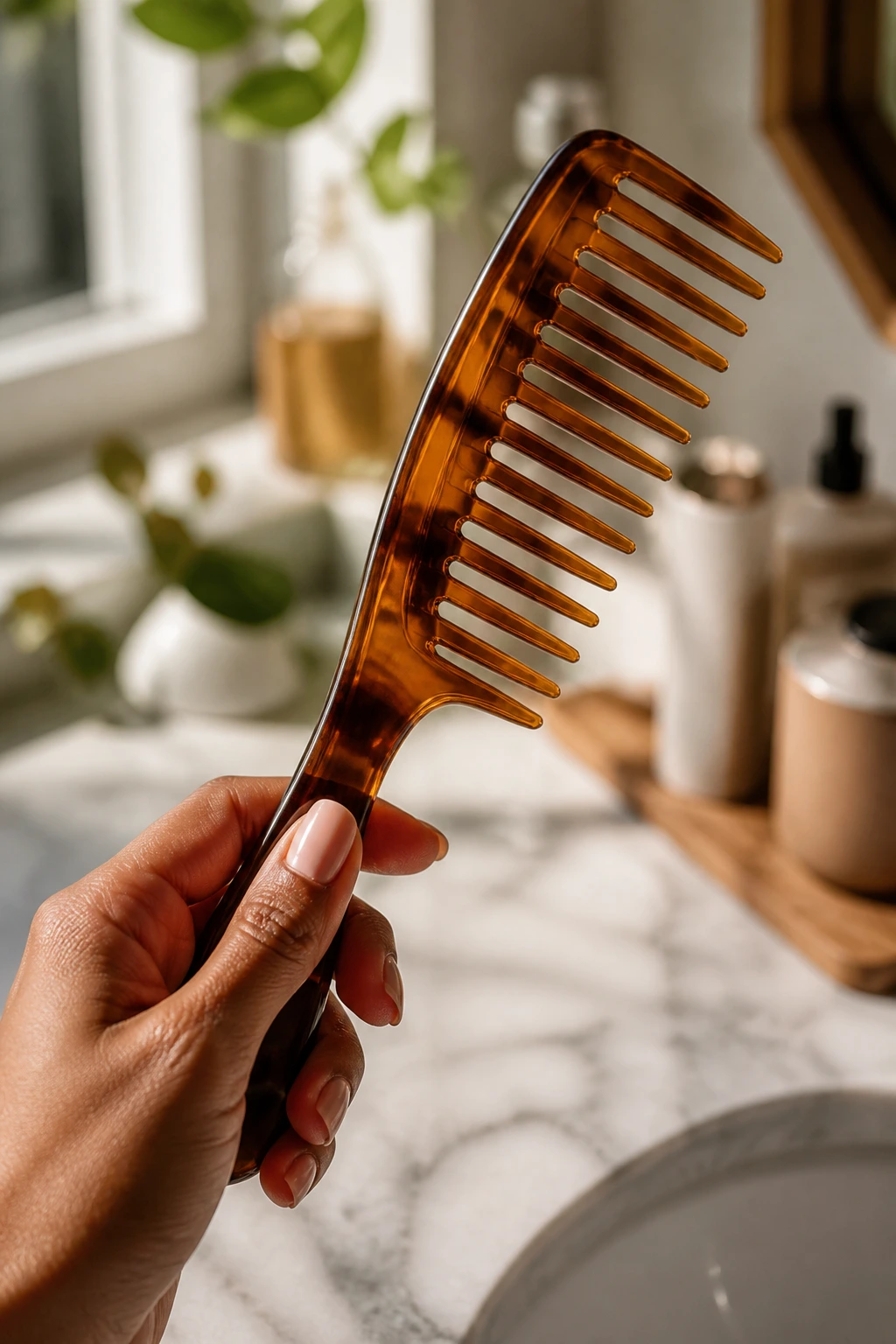Close-up of a wide-tooth comb held in a hand against a bathroom background
