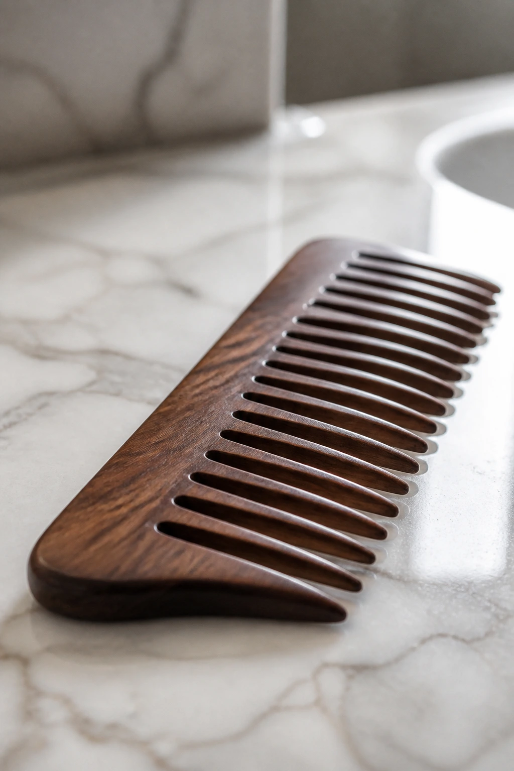 Close-up of a wide-tooth comb on a bathroom counter under natural light