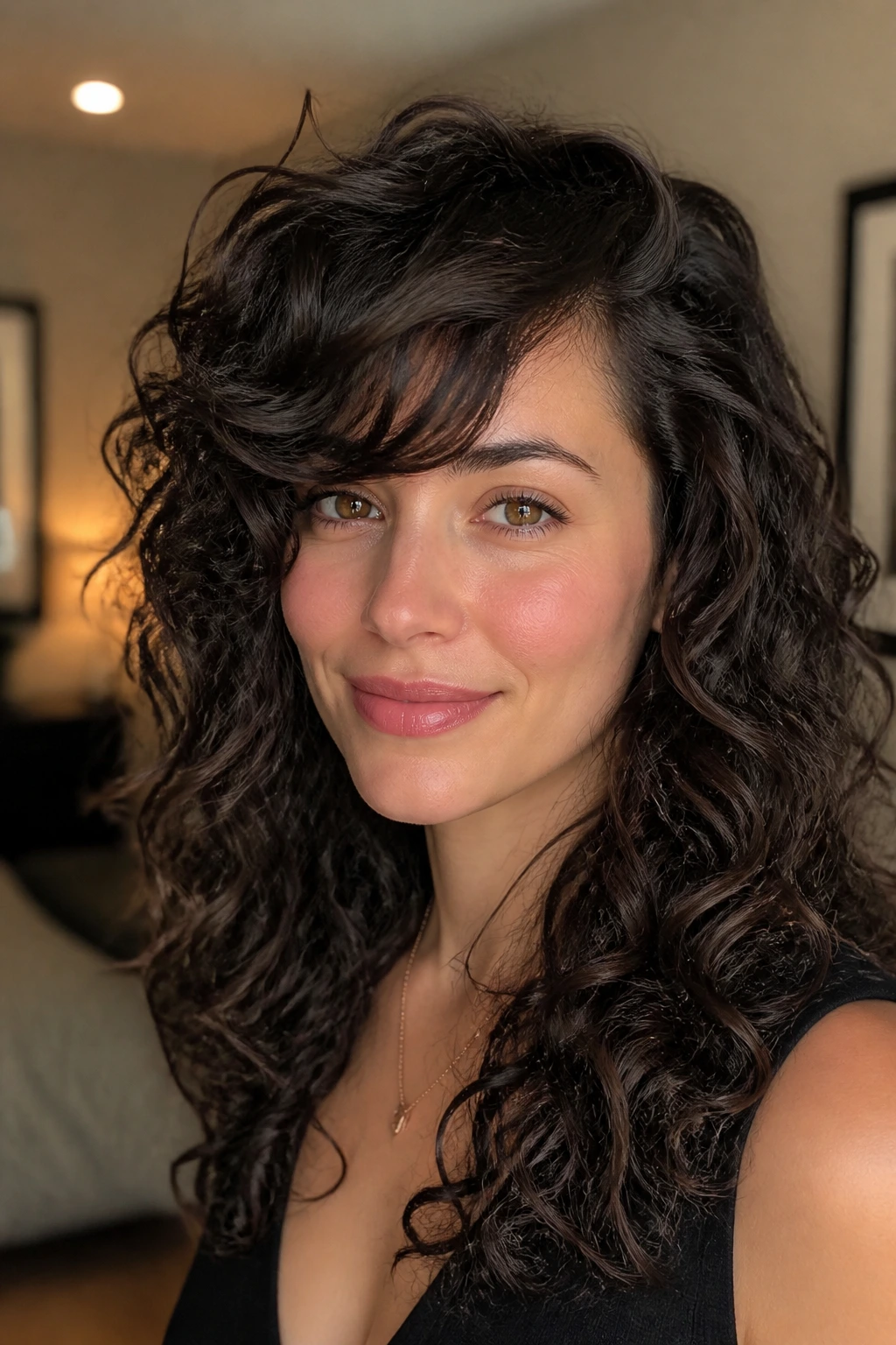 Close-up of a real woman with wider front to balance a long face