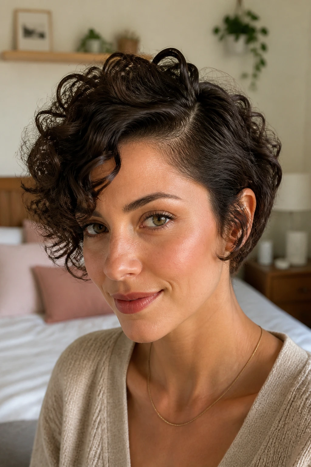 Person with short curly hair styled to keep width narrow and lifted