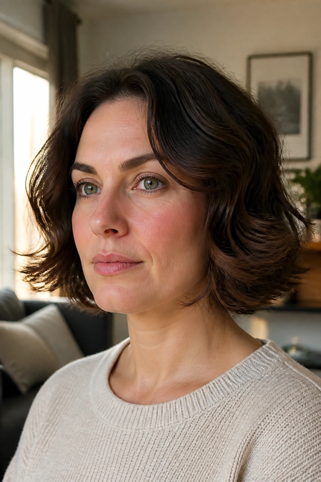 Close-up of a real woman with jaw-length wavy hair flipping outward