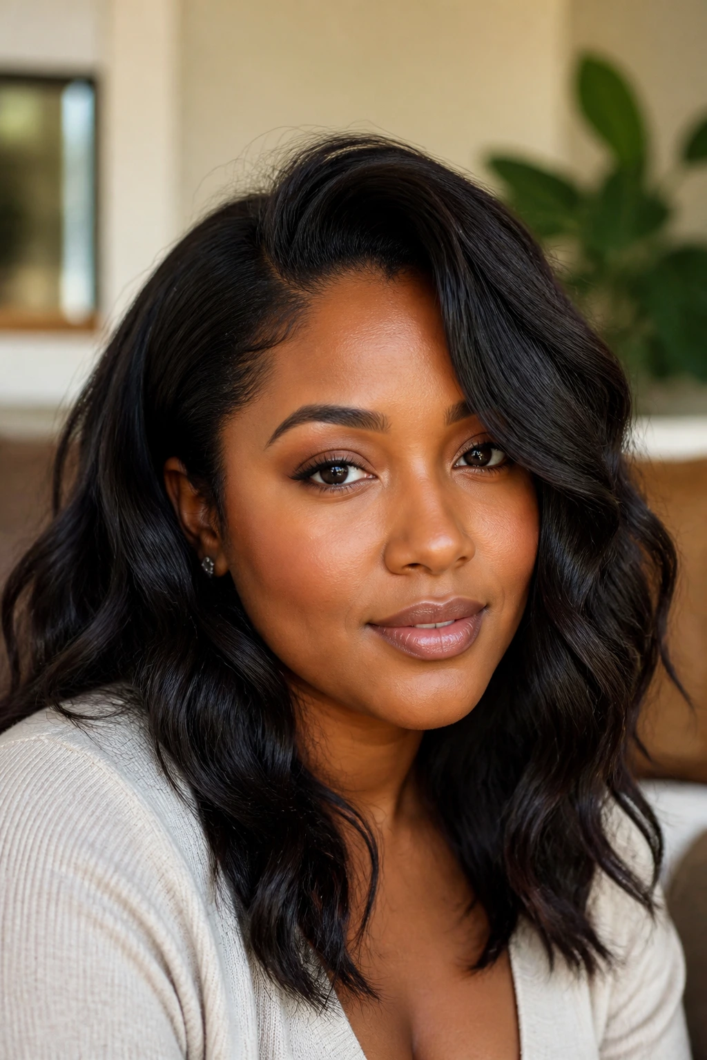 Real woman with side-parted waves and elongated front pieces to slim the face.