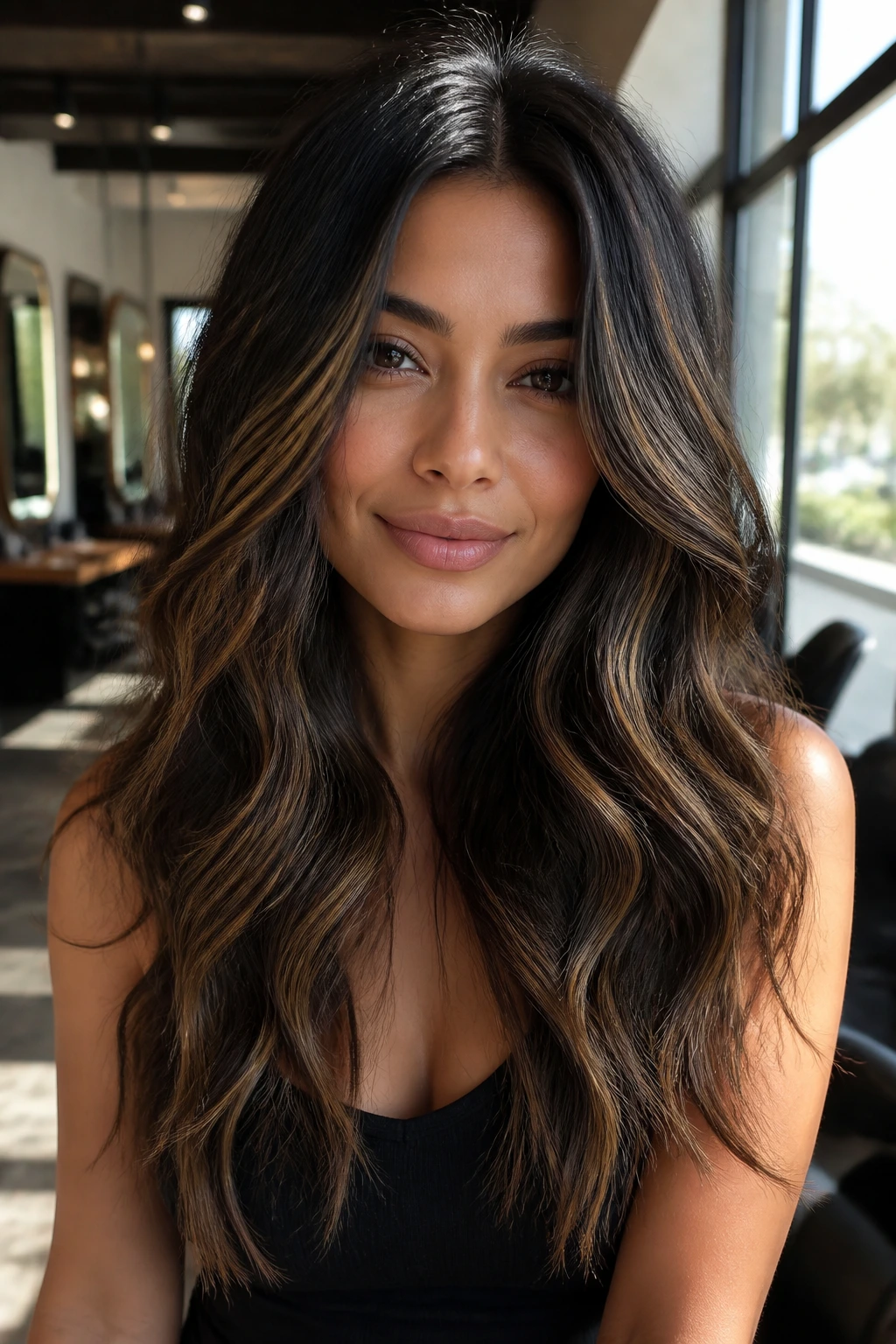 Close-up of thick hair showing varied highlight widths and tones around the face