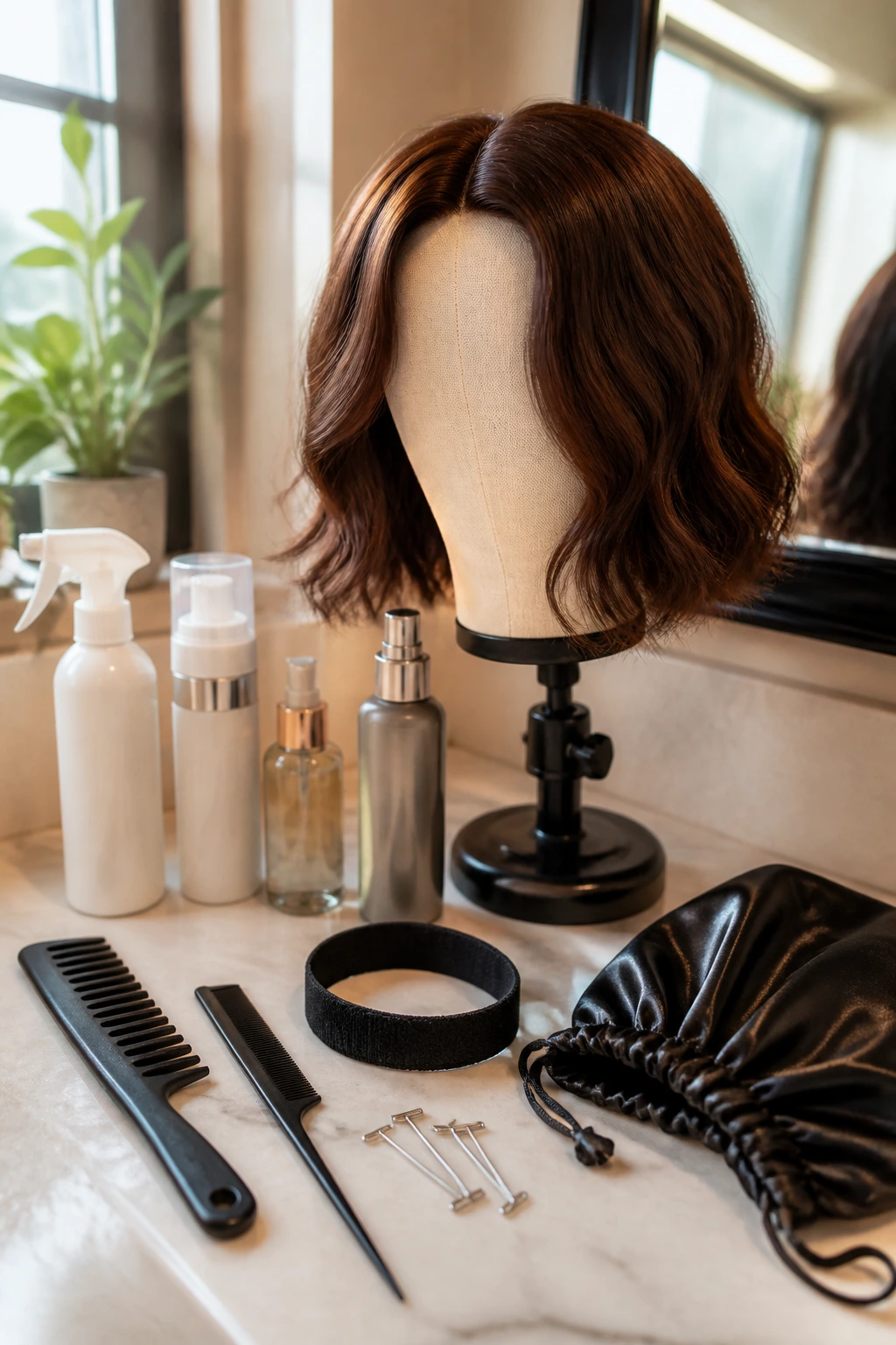 Close-up of a bob wig on a canvas stand with wig tools on a vanity, warm natural light