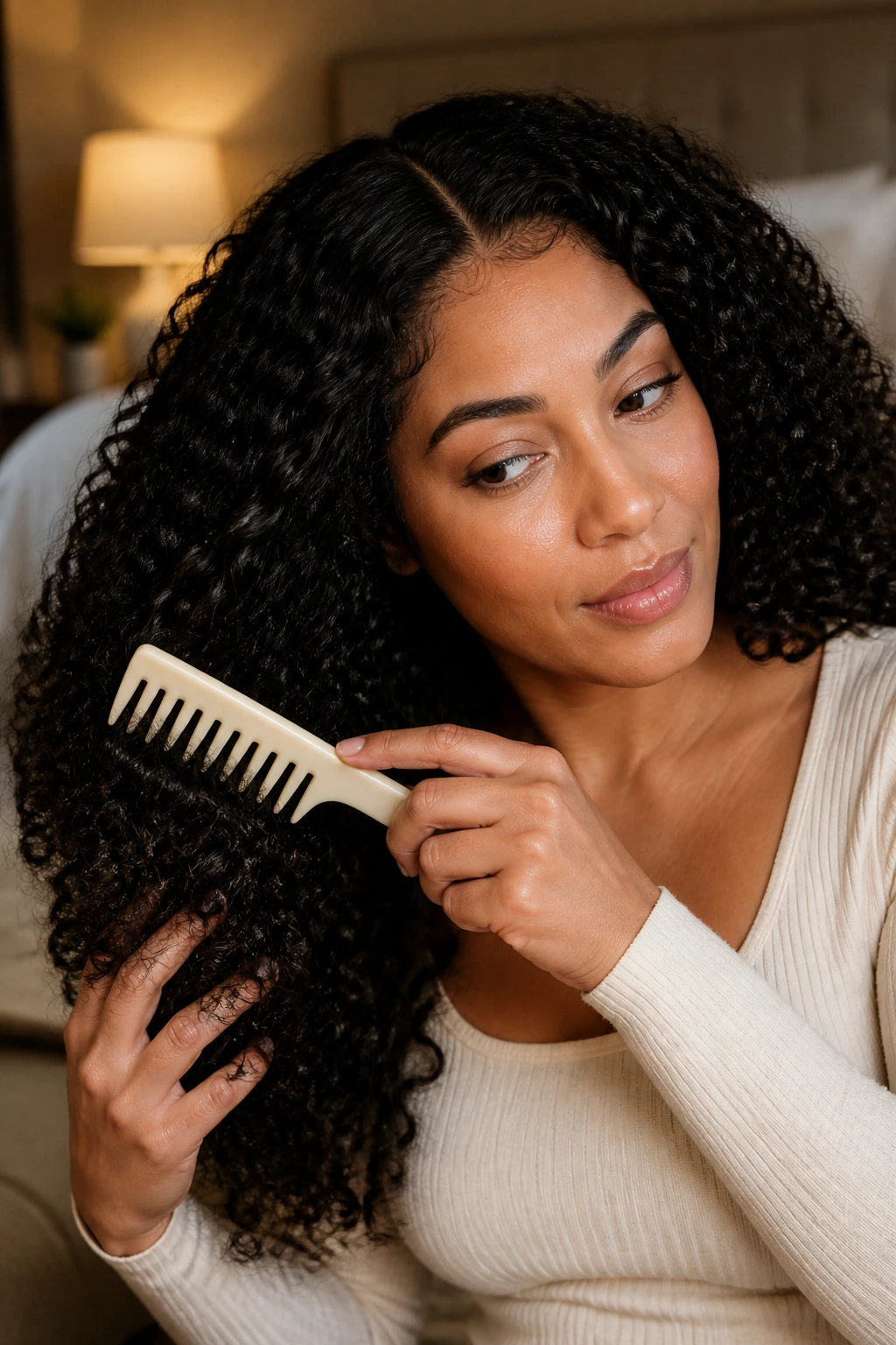 Real person with curly wig using a wide-tooth comb