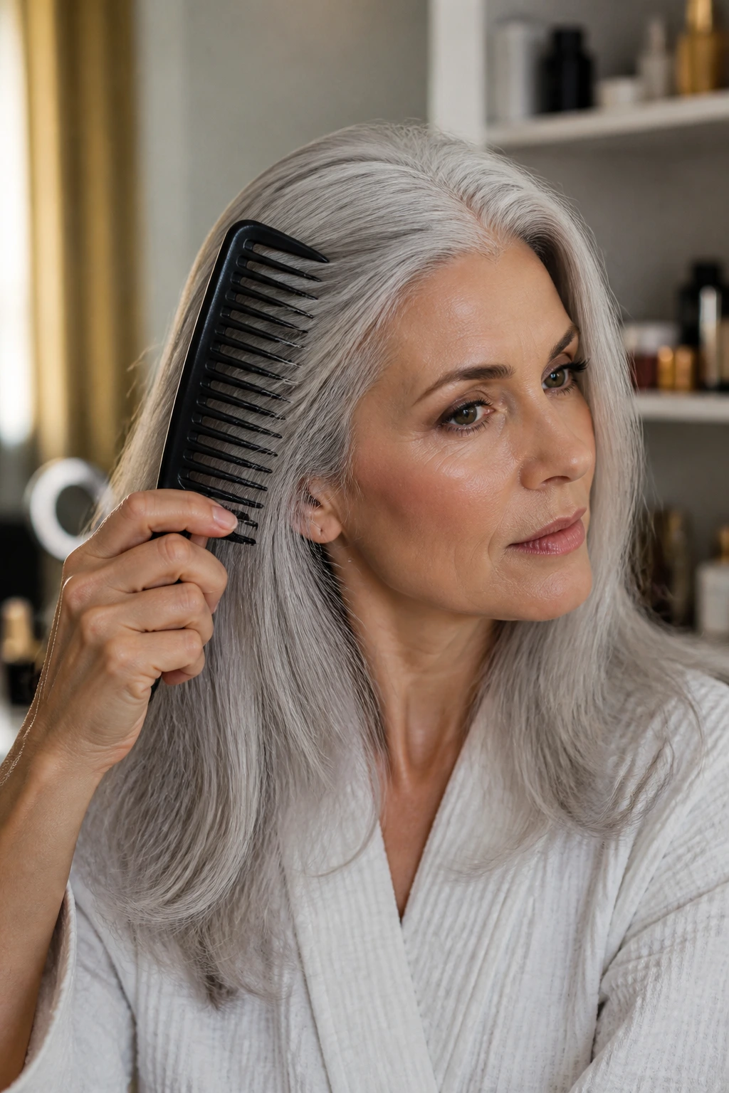 Close-up of a real person using a wide-tooth comb on a silver wig in a dressing room.