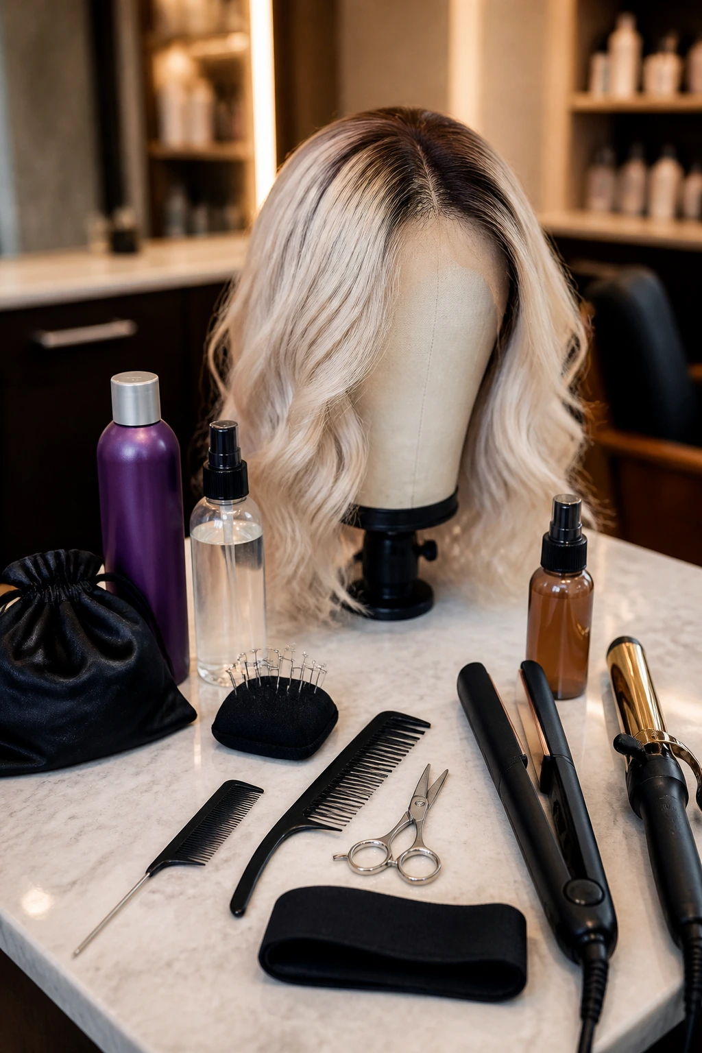 Wig and extension tools arranged on a salon counter