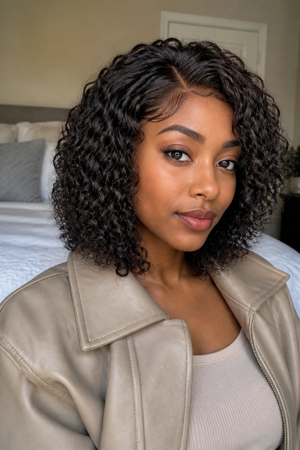 Medium close-up of a real person wearing a shoulder-length synthetic wig with a natural front closure