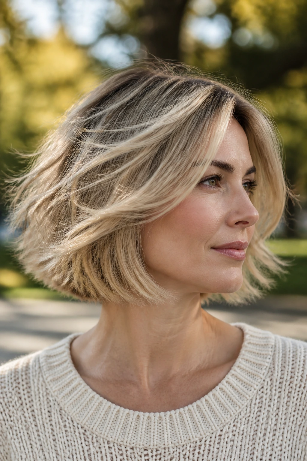 Portrait of a woman with a windswept bob and lightweight layers