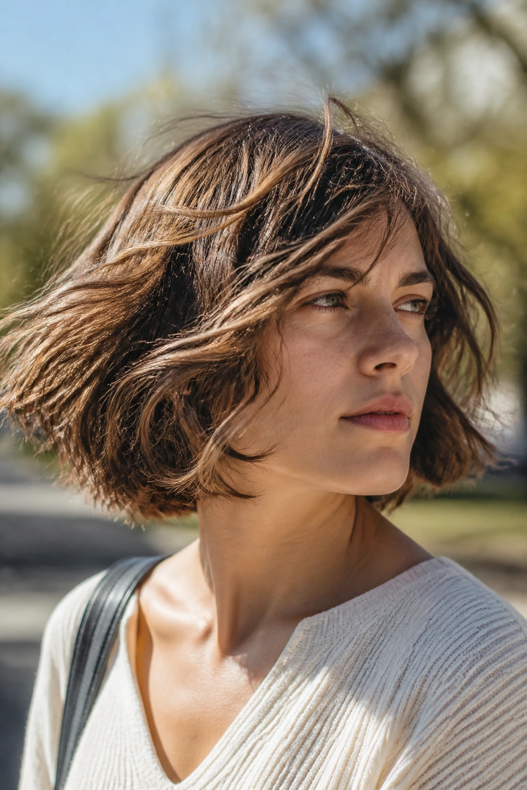 Wind-swept choppy bob moving with breeze on a real person