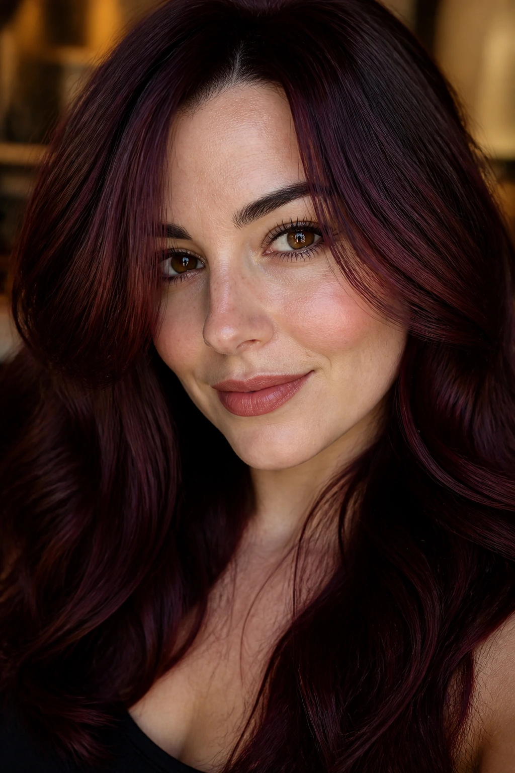 Real woman with deep wine-mahogany hair near the face, brown eyes highlighted