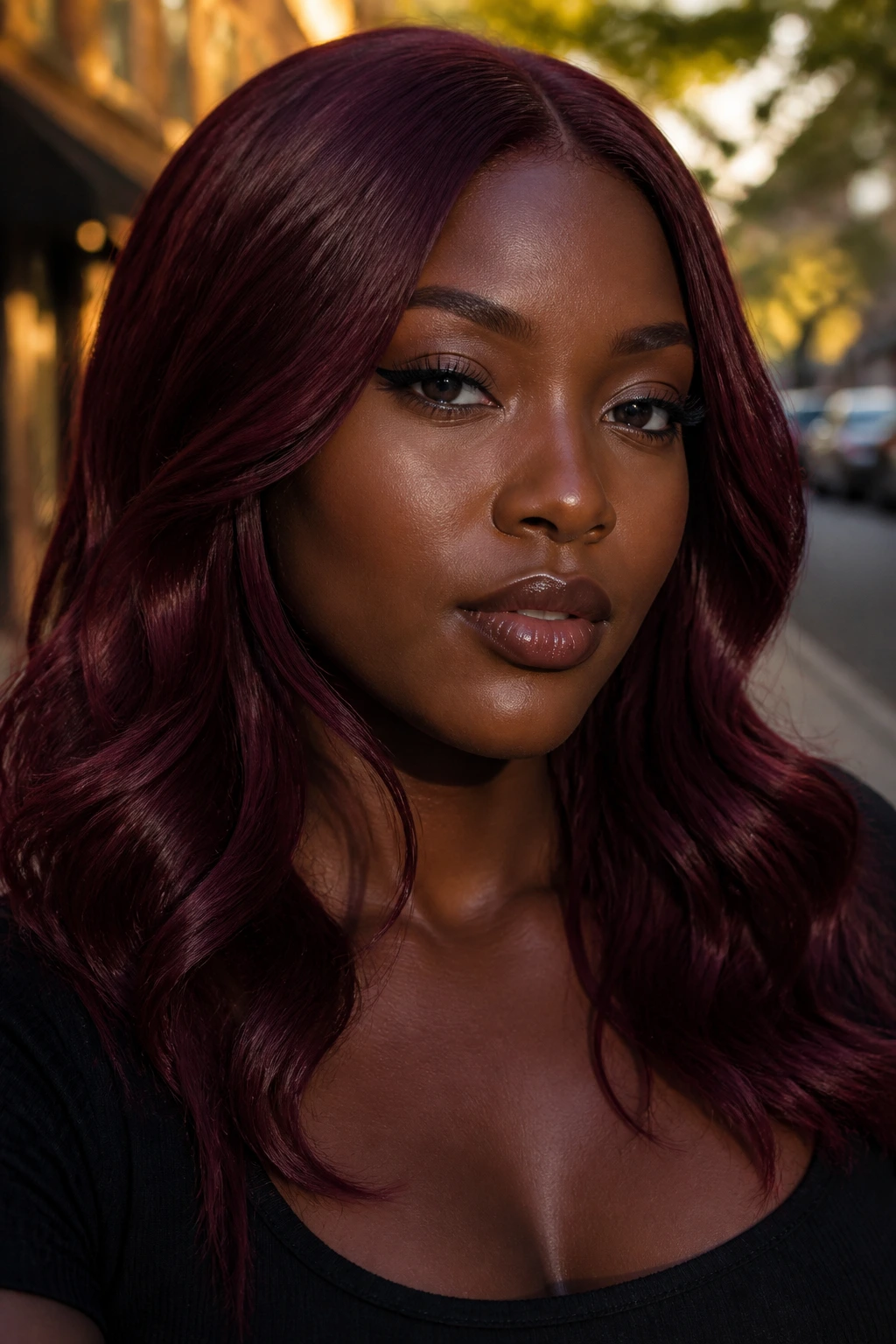 Close-up of a real person with wine-red hair during golden hour