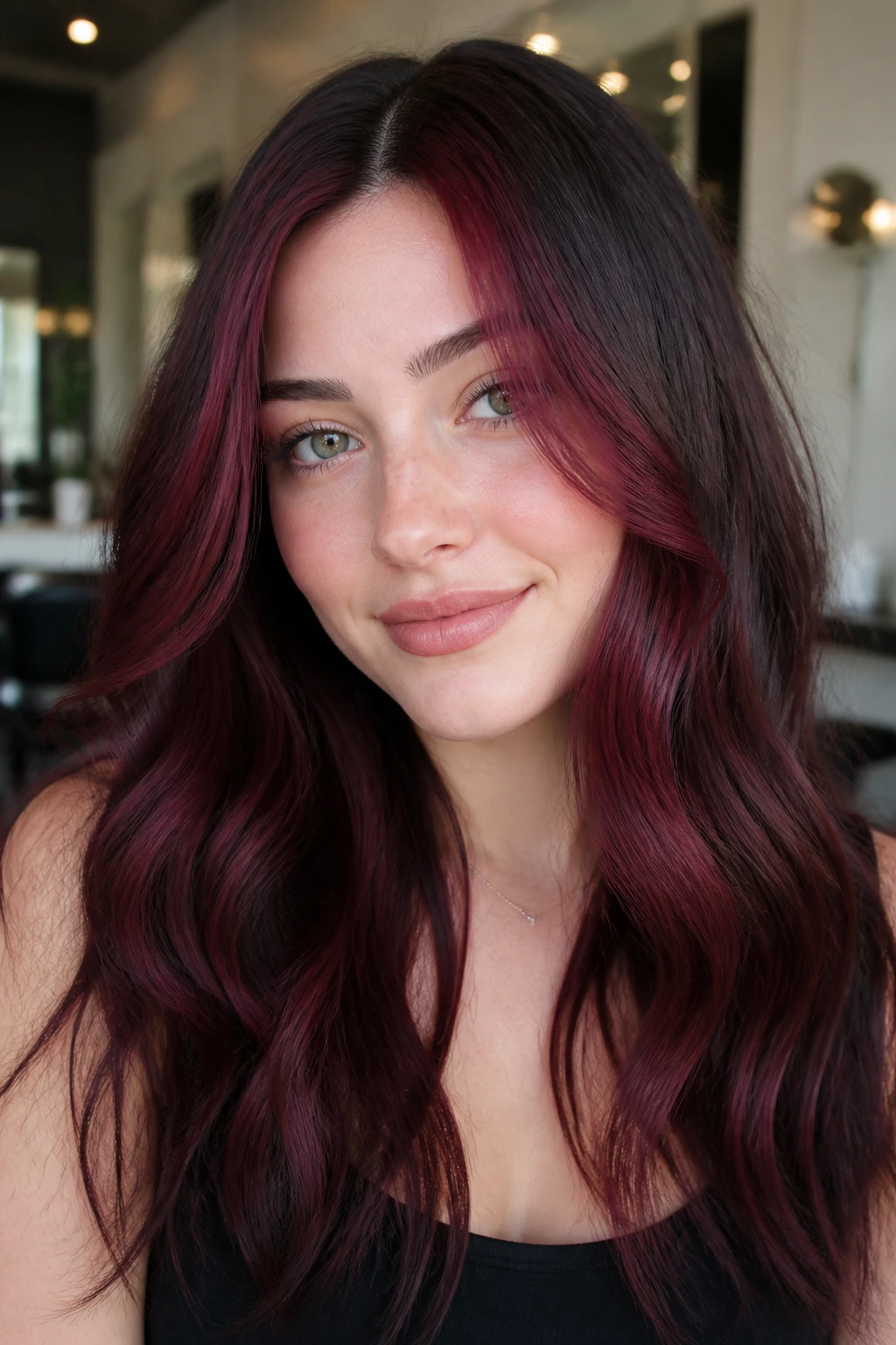 Close-up of wine-red money piece with shadow root on wavy hair