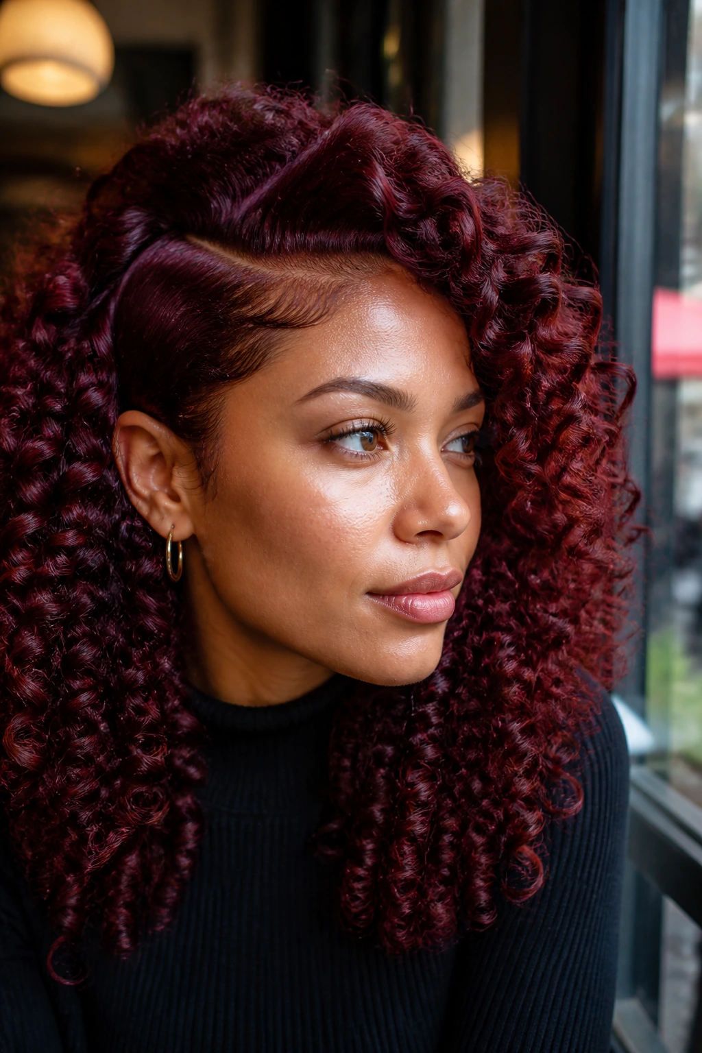 Close-up of real woman with wine-red side-part curls.