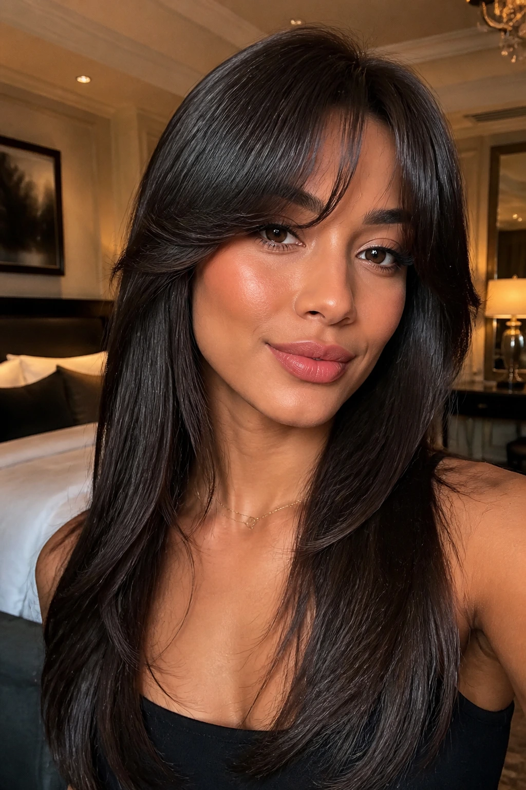Close-up portrait of a woman with winged bangs and polished lengths in glam lighting