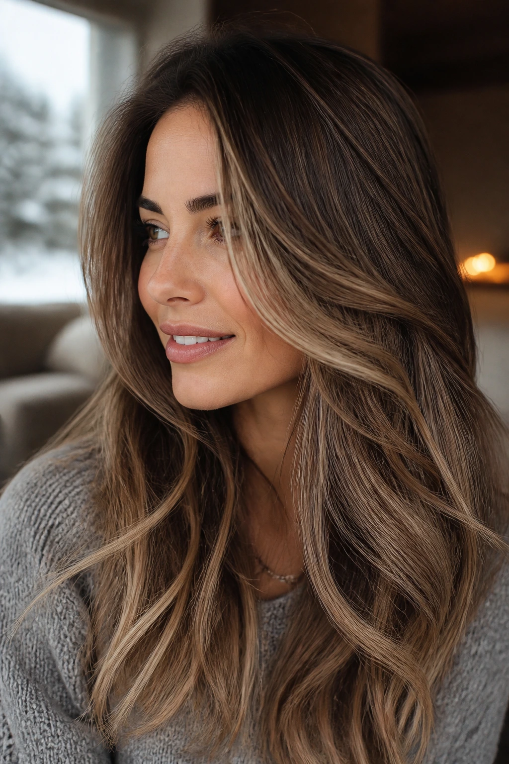 Close-up of mid-brown hair with beige-to-toffee bronde caramel in a winter setting