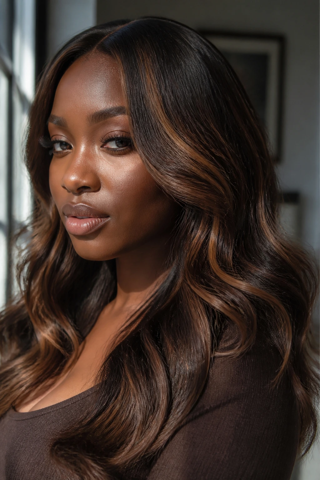 Portrait of a deep-skinned woman with rich winter caramel shade