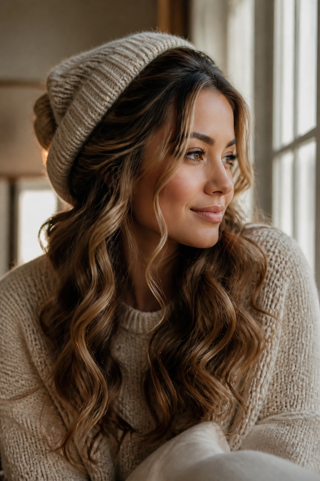 Real woman with long loose curls in a half-up crown style, warm window light.
