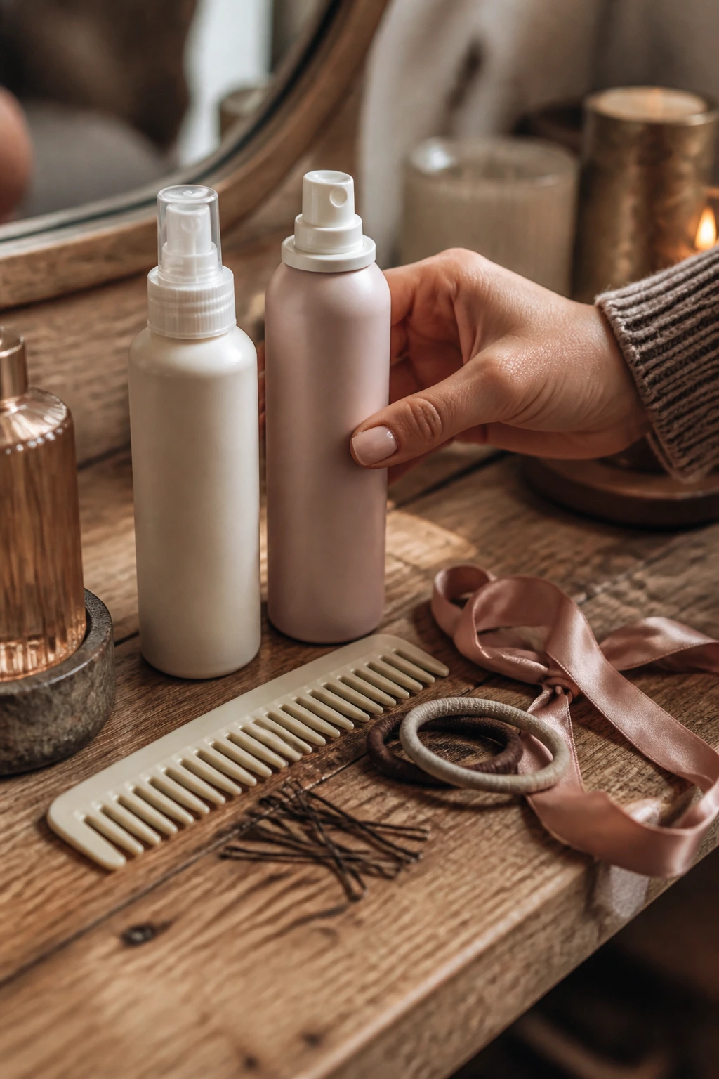 Close-up of hands with winter hair products and accessories on a wooden vanity