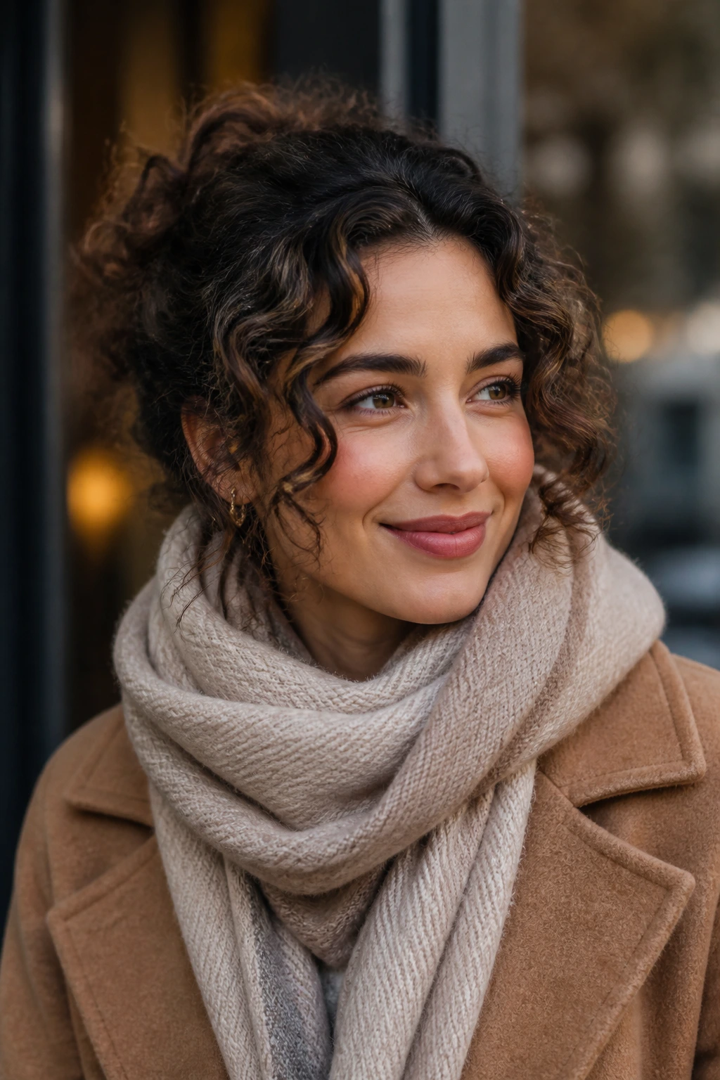 Woman in a winter coat and scarf with hair neatly styled for cold weather.