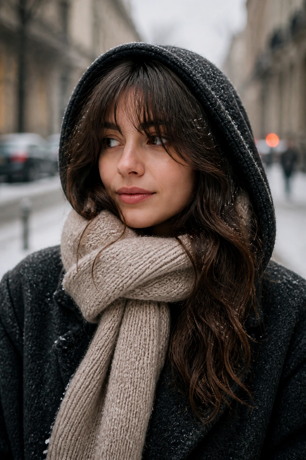 Portrait of a person wearing a coat and scarf showing curtain bangs under winter outerwear