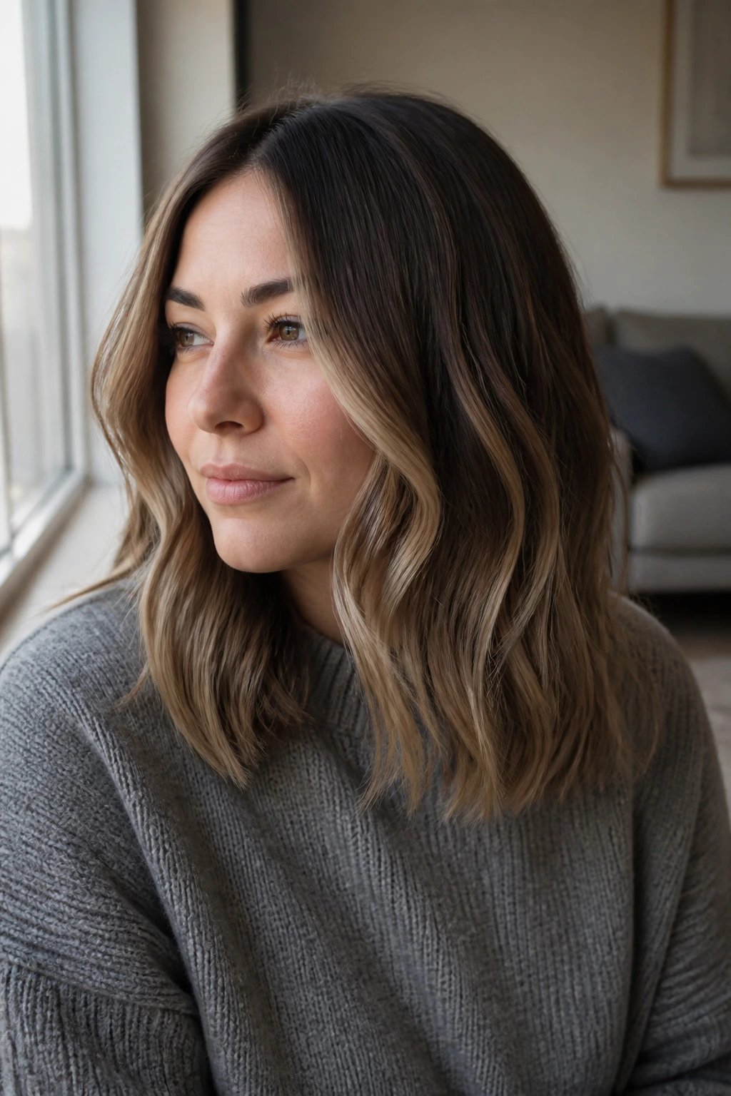 Portrait of a woman under soft winter daylight showing beige caramel and ash-brown balayage