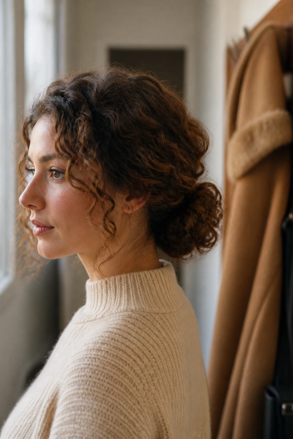 Close-up portrait of a real woman with curly medium hair styled in a winter-friendly updo.