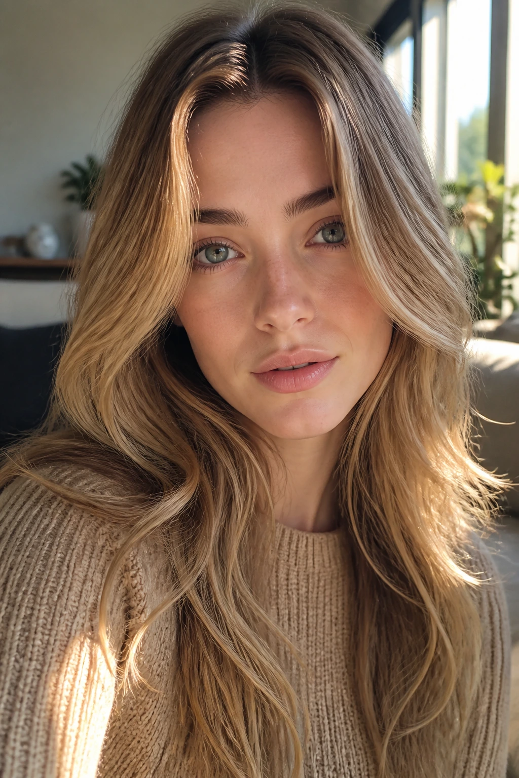 Close-up portrait of a real woman with Winter Wheat Dark Blonde hair in warm window light