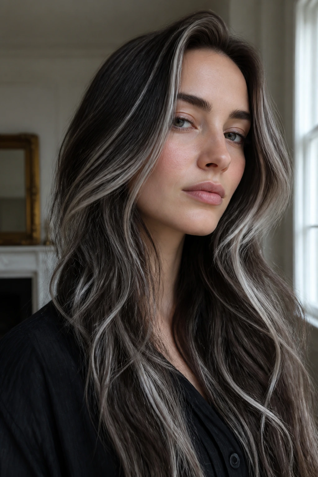 Real person with long hair and white ribbons on dark ash brown base